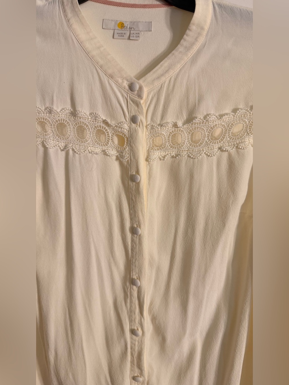 Boden Cream Button-Front Blouse with Lace Trim